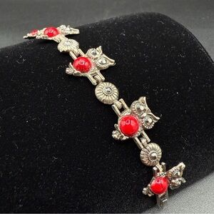 Owl Bracelet with Red Accent Beads and Sparkly Grey Rhinestones 6in